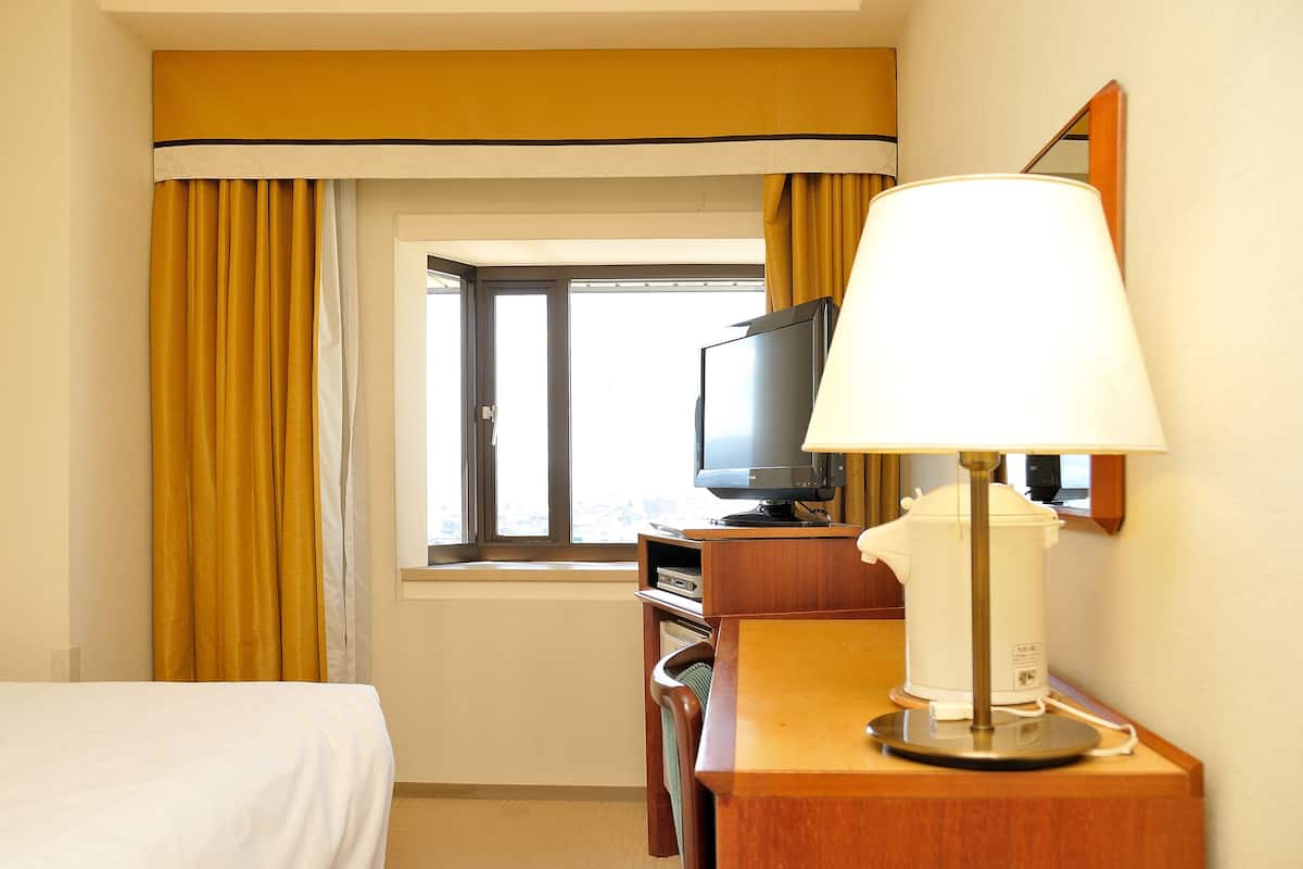 Ein Hotelzimmer mit einem Bett, einem Fernseher, einer Kaffeemaschine und einem Fenster mit Vorhängen.