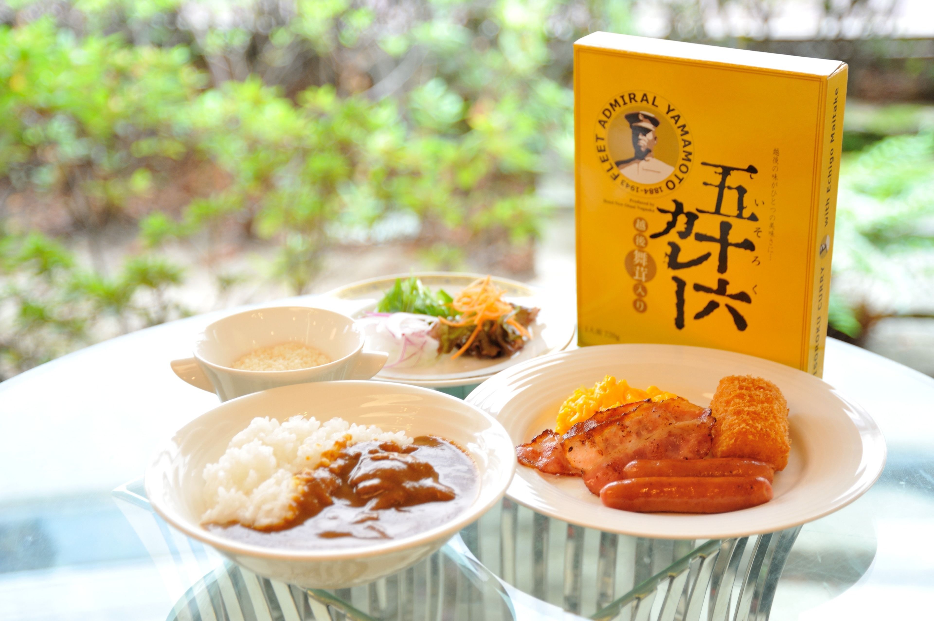 A table with various dishes including rice, beans, and meat, and a book titled "Yamamoto".