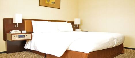 A hotel room with a large bed, two bedside tables, a wall-mounted telephone, and a framed picture above the bed.