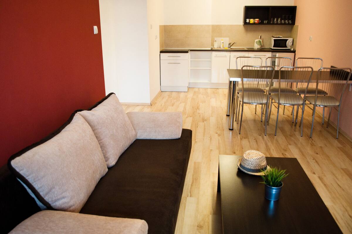 A compact living space with a sofa, dining table, chairs, a small kitchen area, and a potted plant.