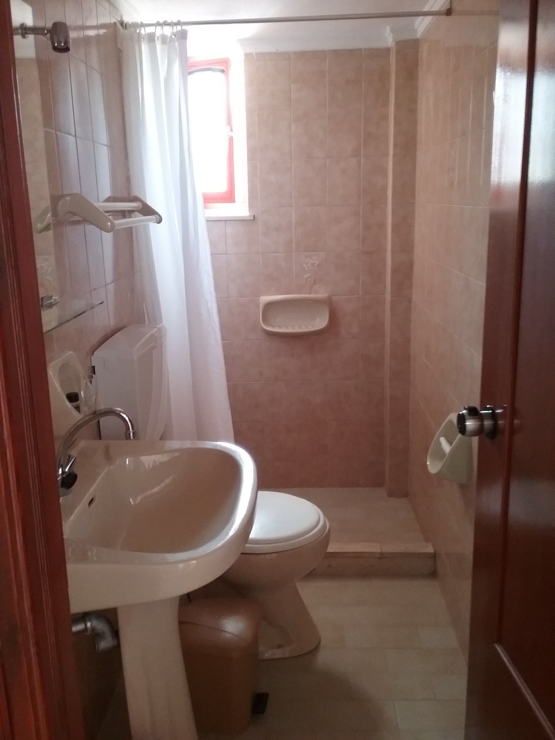 A bathroom with a sink, toilet, and shower area.