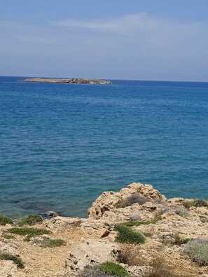 Un paisaje costero con terreno rocoso y una vista despejada del mar.