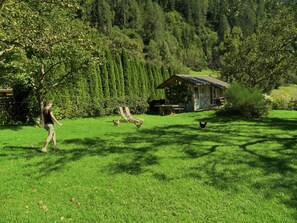 A grassy field with a small wooden cabin and a person walking. - Gästehaus Zwischenberger (Obervellach)