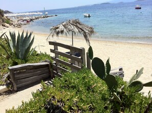 On the beach, sun loungers, beach umbrellas, beach towels