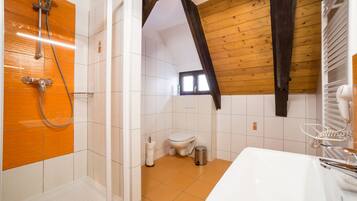 A modern bathroom with a shower, toilet, and sink.