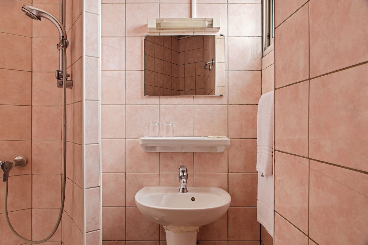 Une salle de bain avec une douche, un lavabo et un miroir.