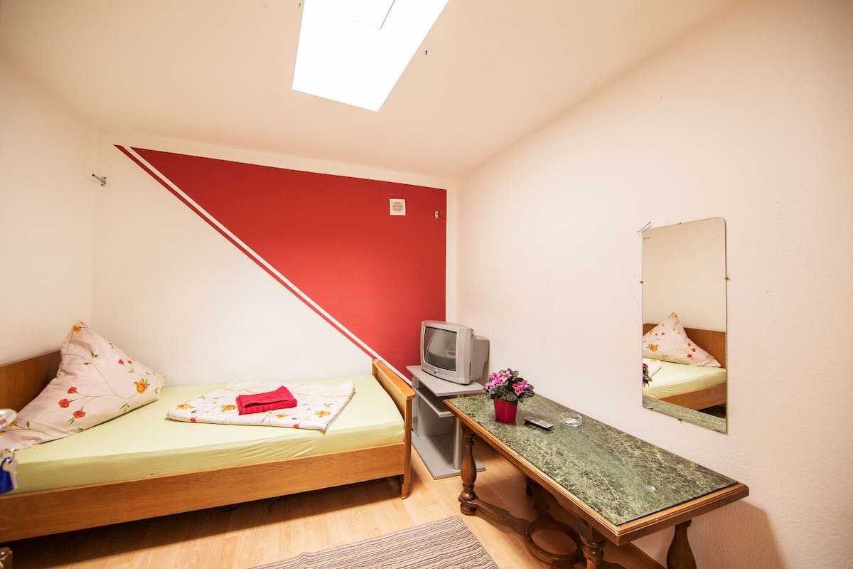Ein kleines Zimmer mit einem Bett, einem Fernseher, einem Spiegel und einem Tisch mit einer Pflanze.