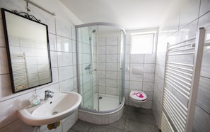 A bathroom with a glass-enclosed shower, a sink, a toilet, and a mirror. - Hotel Schwan (Eschweiler)