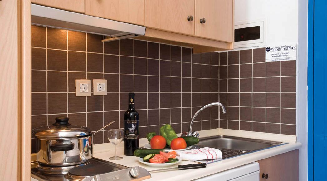 Une cuisine compacte équipée d’une cuisinière, d’un évier et d’une variété de légumes frais.