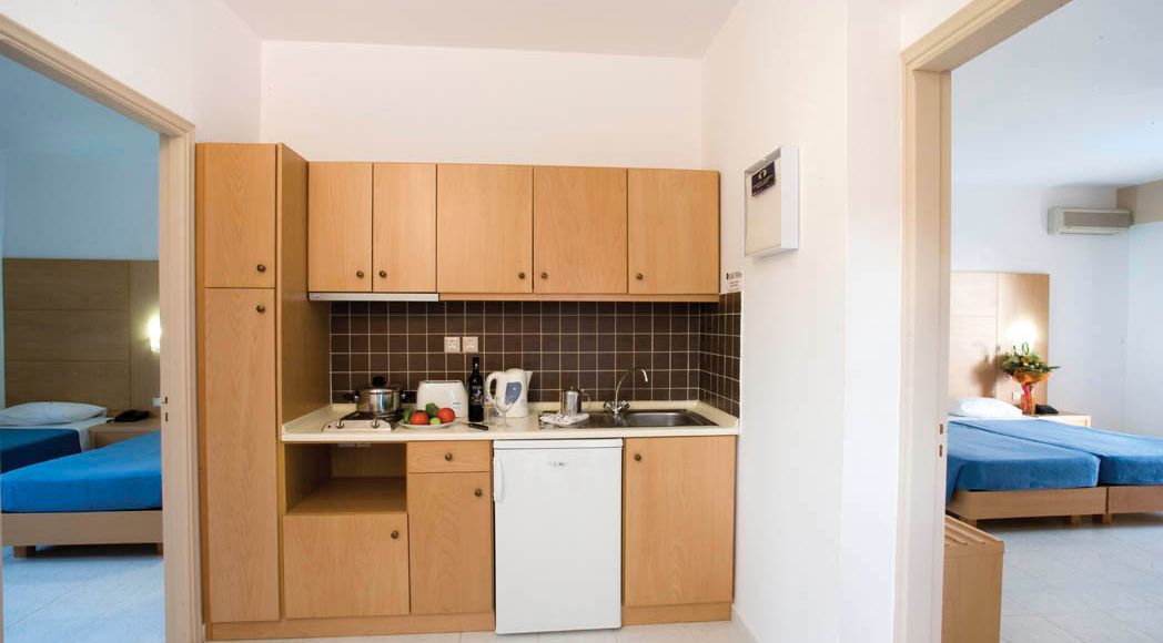 Une cuisine de taille réduite avec des meubles en bois, un lave-vaisselle blanc et un pare-feu en carrelage.