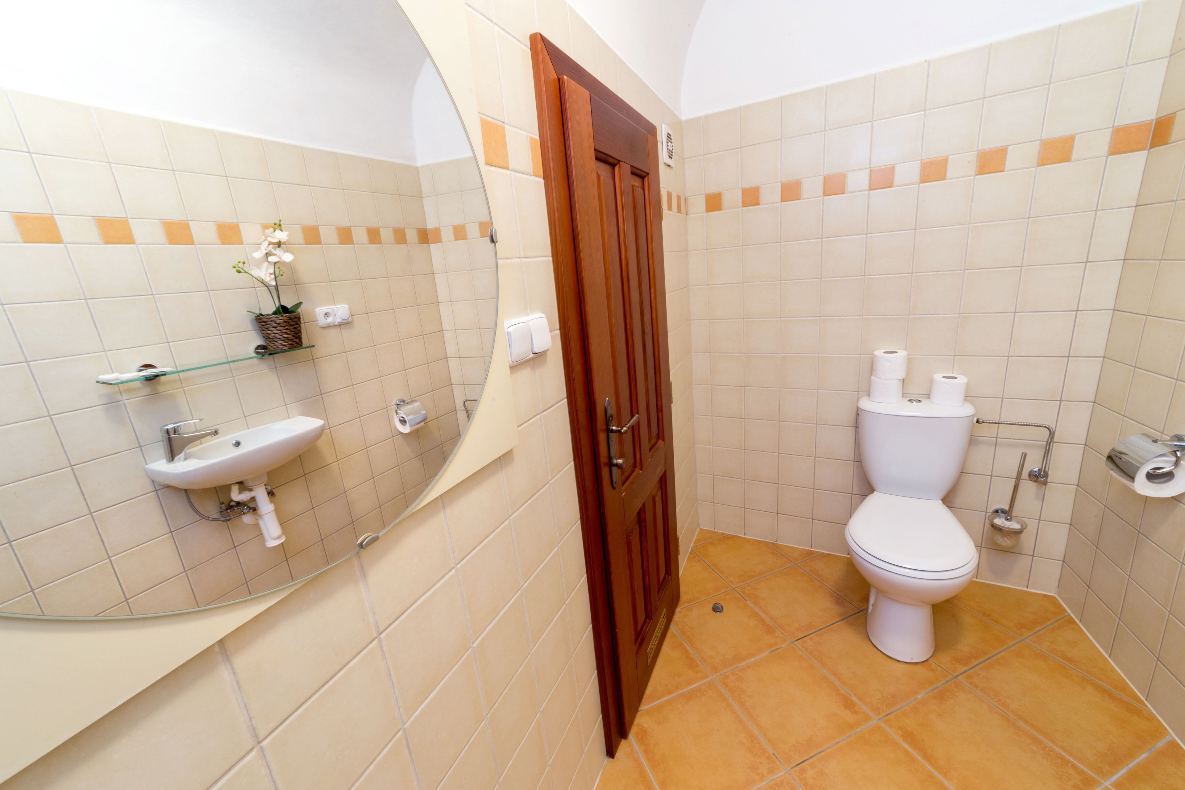 A bathroom with a white sink, a toilet, and a mirror.