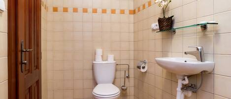 A bathroom with a toilet, sink, and tiled walls.