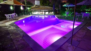 Outdoor pool, pool umbrellas, pool loungers