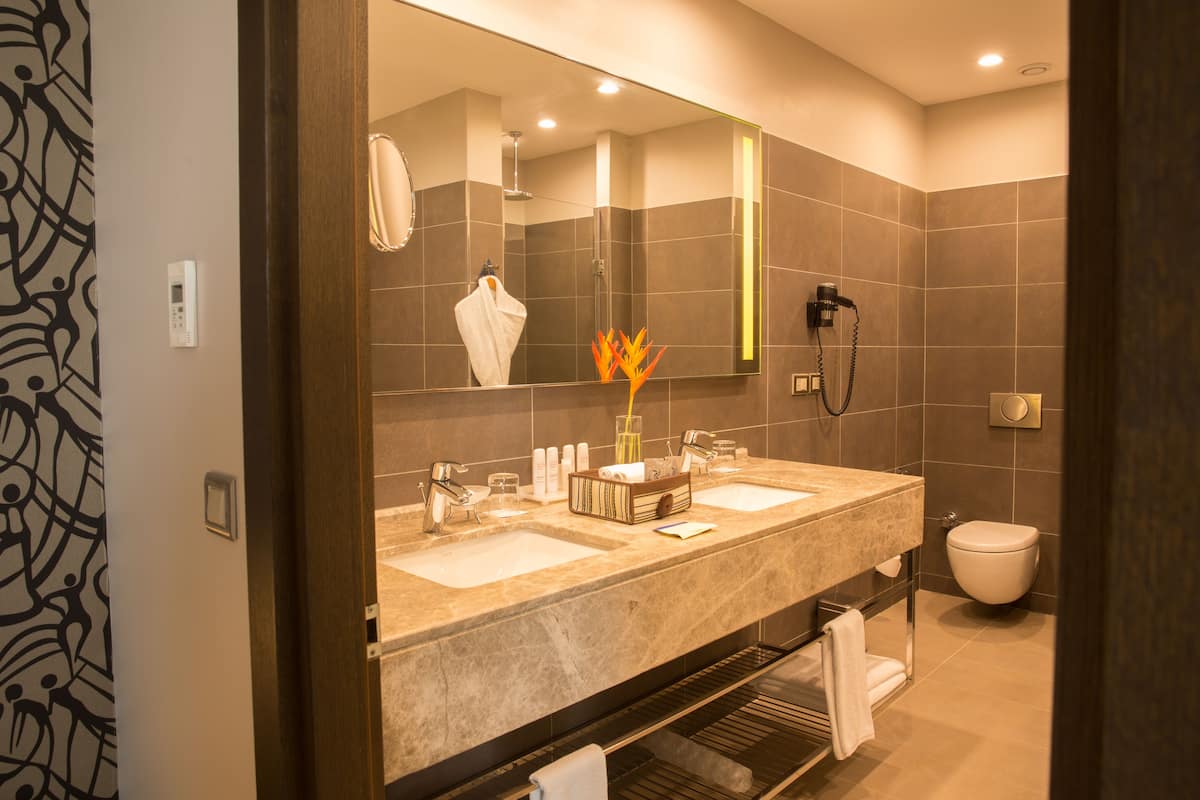 shower, eco-friendly toiletries, hair dryer, bathrobes