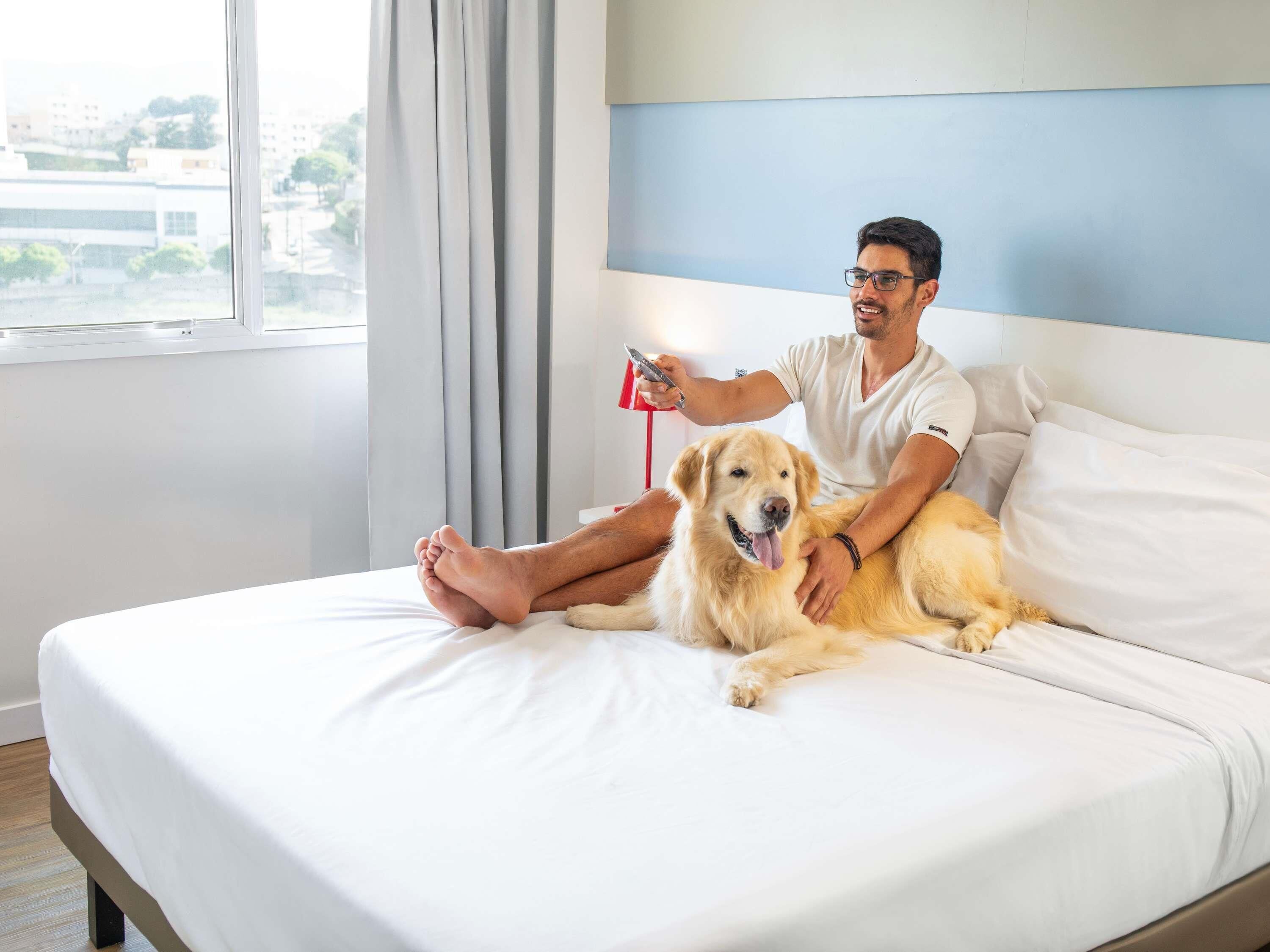 A person sitting on a bed with a dog, holding a red object.