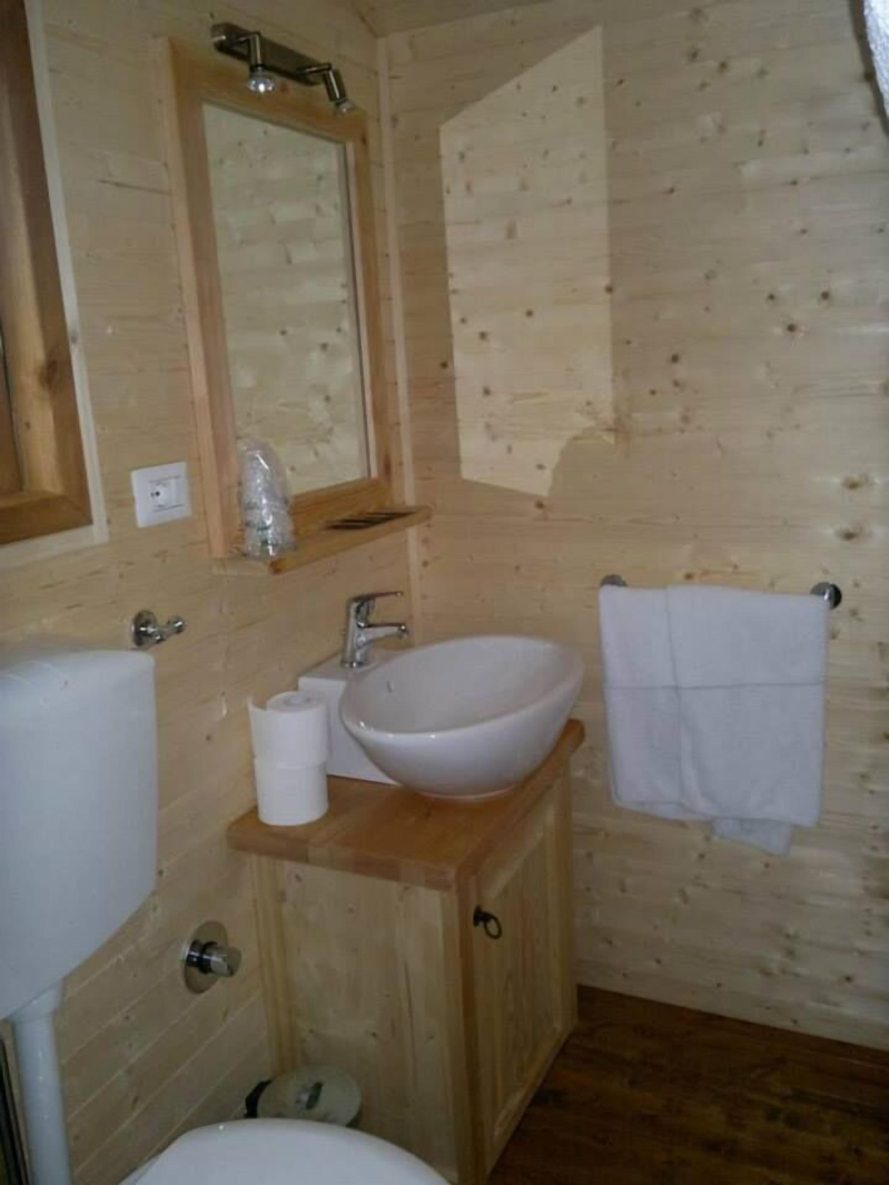 Ein Badezimmer einer Holzhütte mit Waschbecken, Spiegel und Toilette.