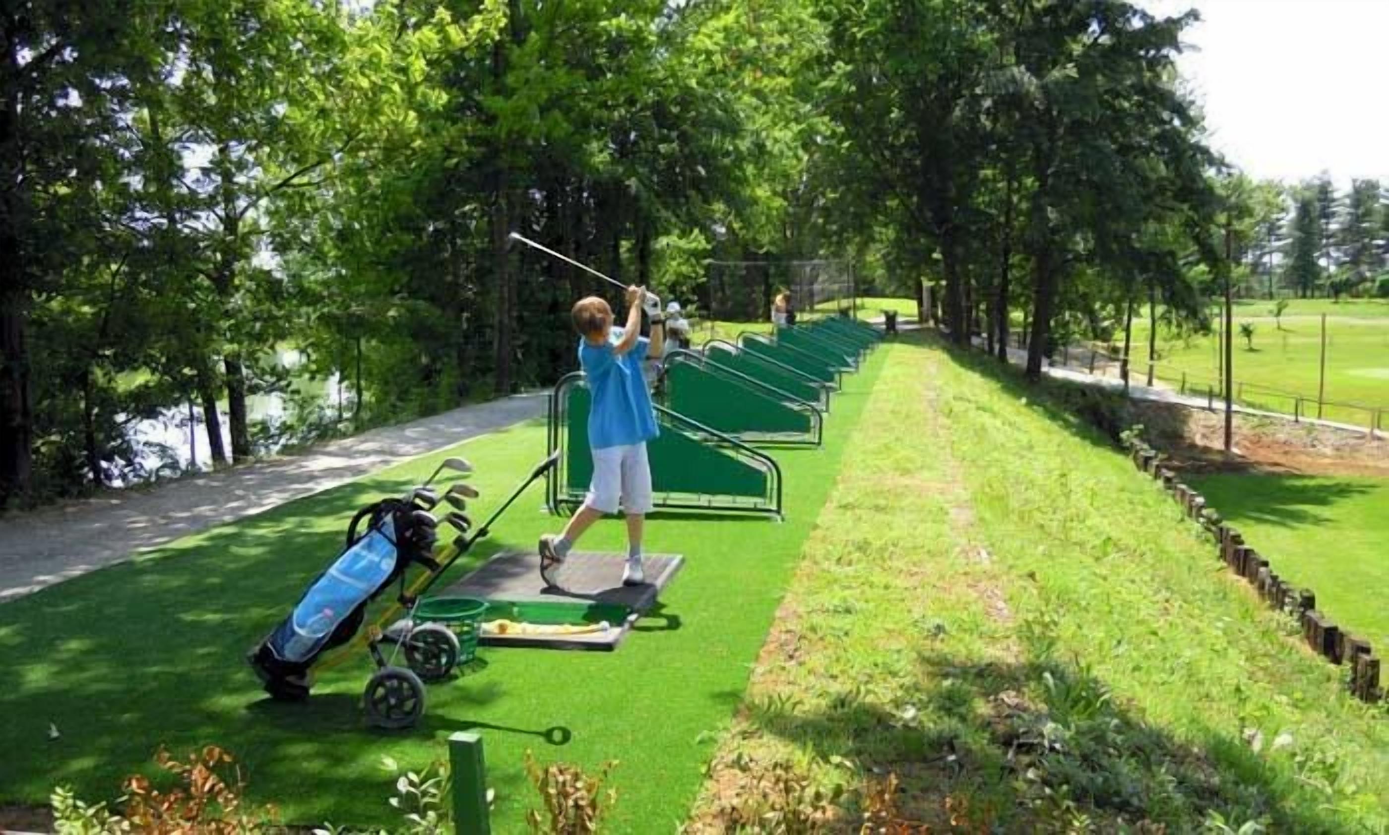 Ein Golfplatz mit Putting-Grün, Golfwagen und einem Wasserhindernis.