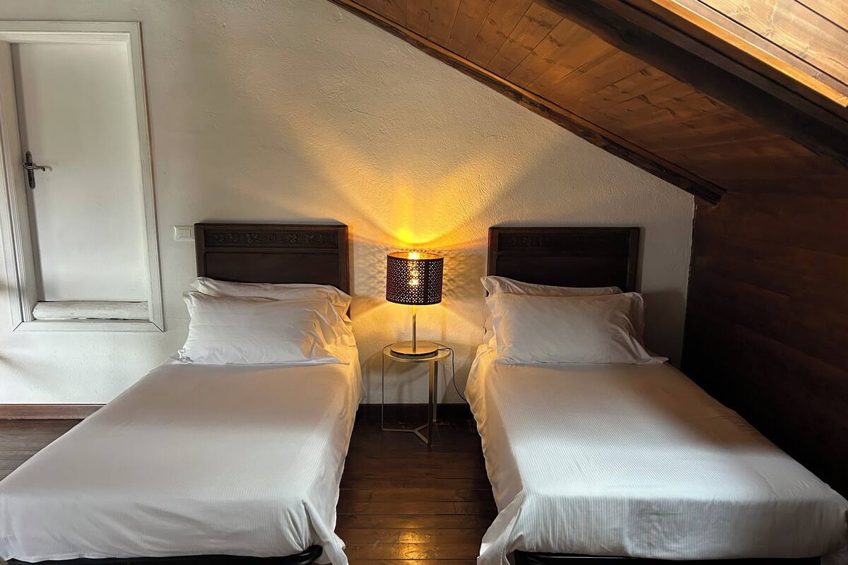 A room with two single beds, a nightstand with a lamp, wooden flooring, and a sloped ceiling.