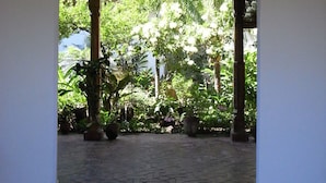 Una entrada arqueada a un espacio al aire libre cubierto, con piso de baldosas y plantas en macetas.