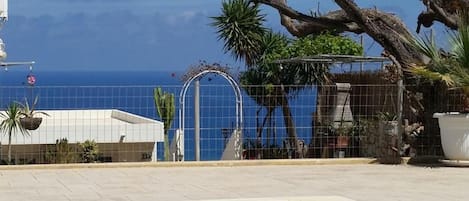 A swimming pool with clear blue water, surrounded by a tiled deck and a view of the ocean.
