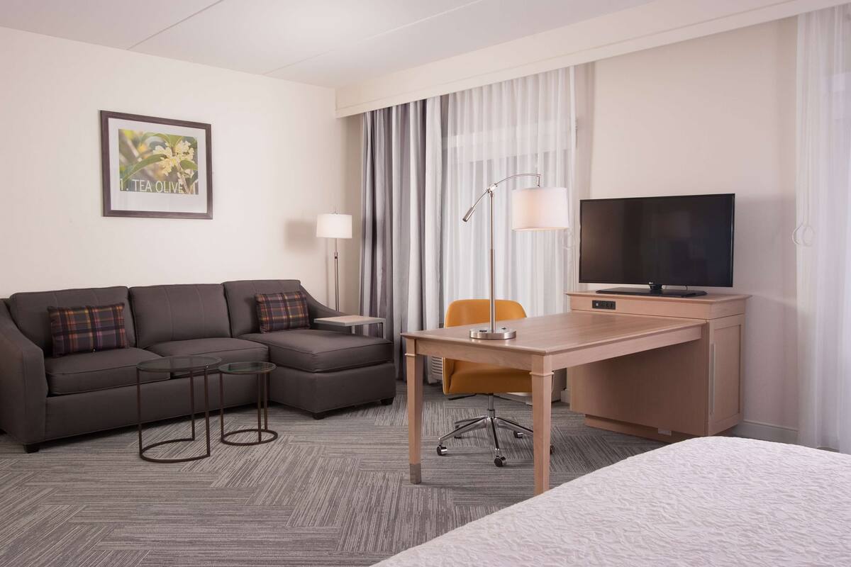Una habitación de hotel moderna con sofá, escritorio, televisor y cama.