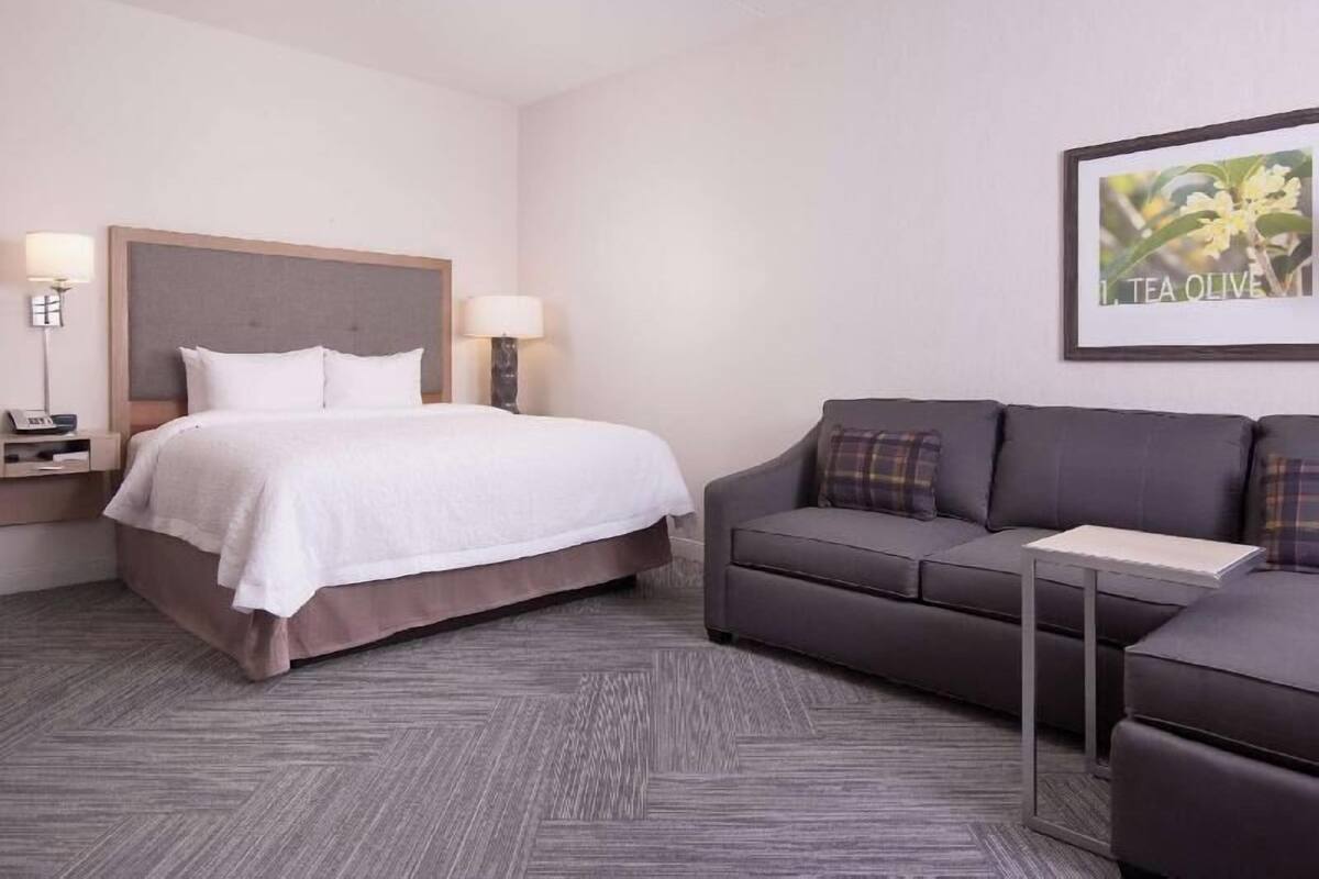Habitación de hotel con una cama, un sofá gris, una mesita y un cuadro en la pared.