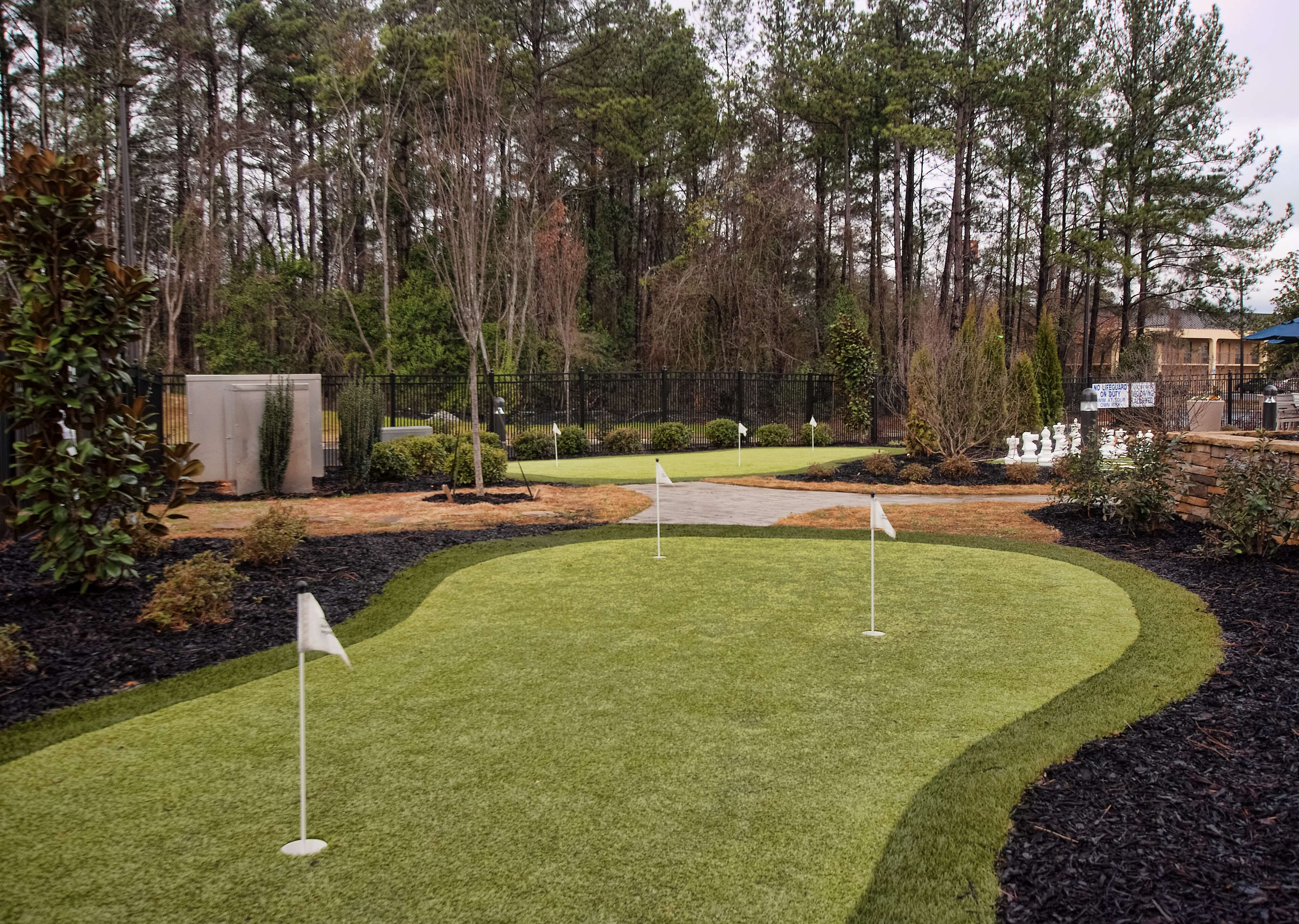 Un campo de golf bien cuidado con un putting green, bunkers de arena y un fondo arbolado.
