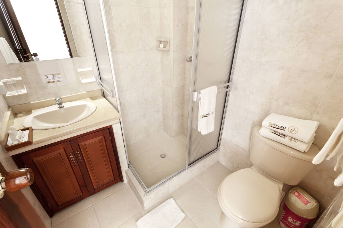 standard single room | bathroom | shower, free toiletries, hair dryer, towels