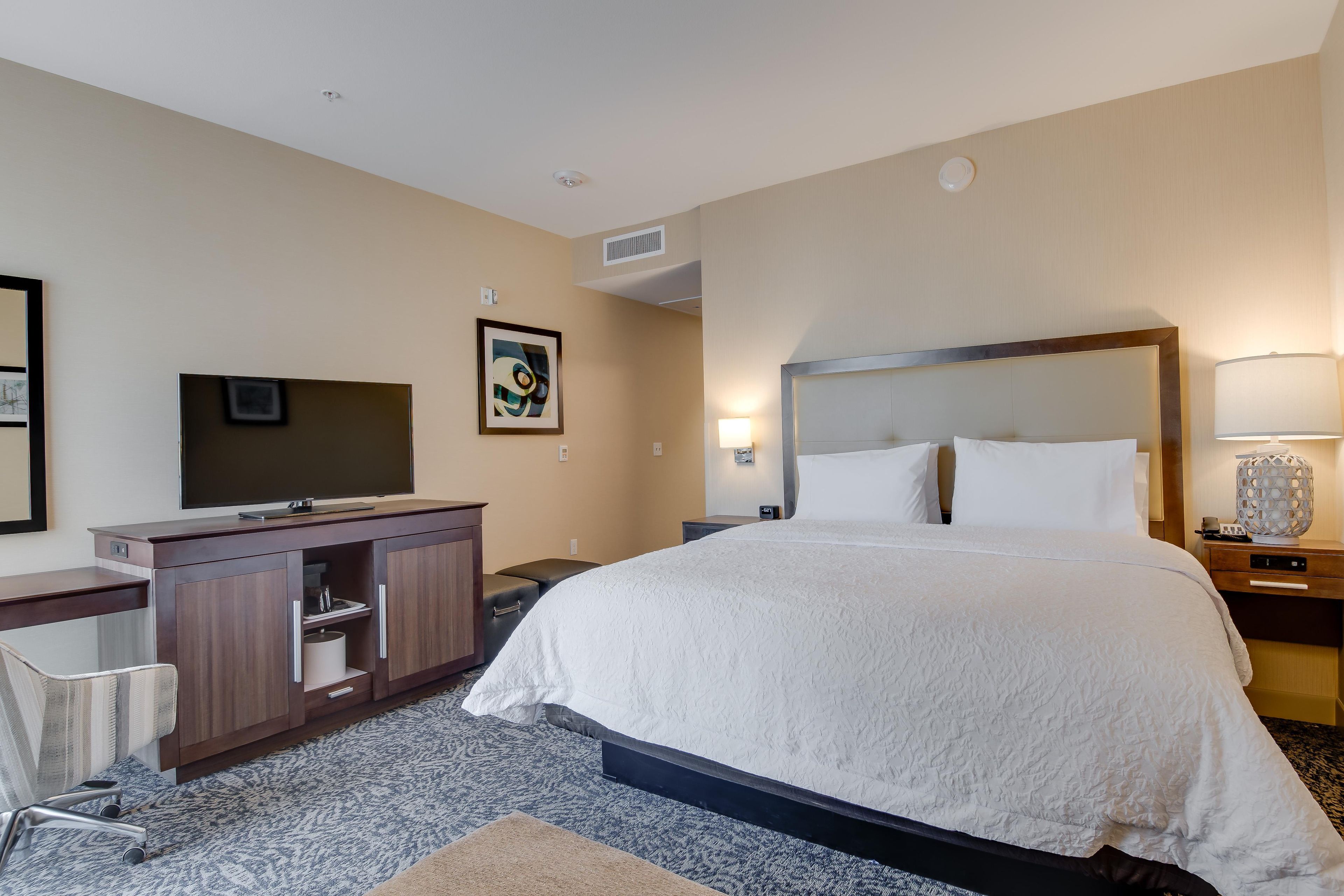 A hotel room with a large bed, a desk with a flat-screen TV, a chair, a bedside table with a lamp, and a wall-mounted artwork.