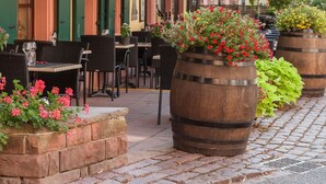 Restaurante de hotel con terraza, barriles de madera grandes y macetas con flores.