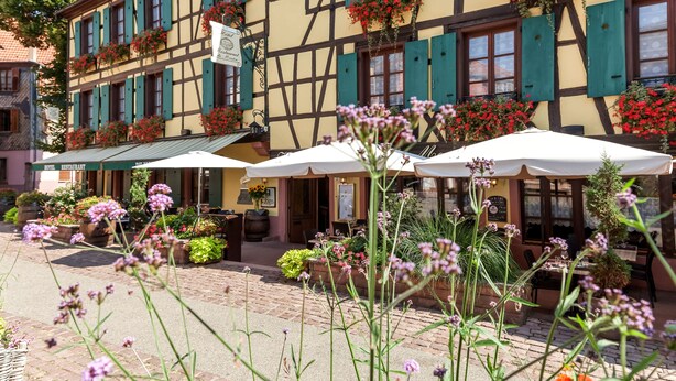 Un edificio tradicional de entramado de madera con terraza al aire libre y macetas de flores.