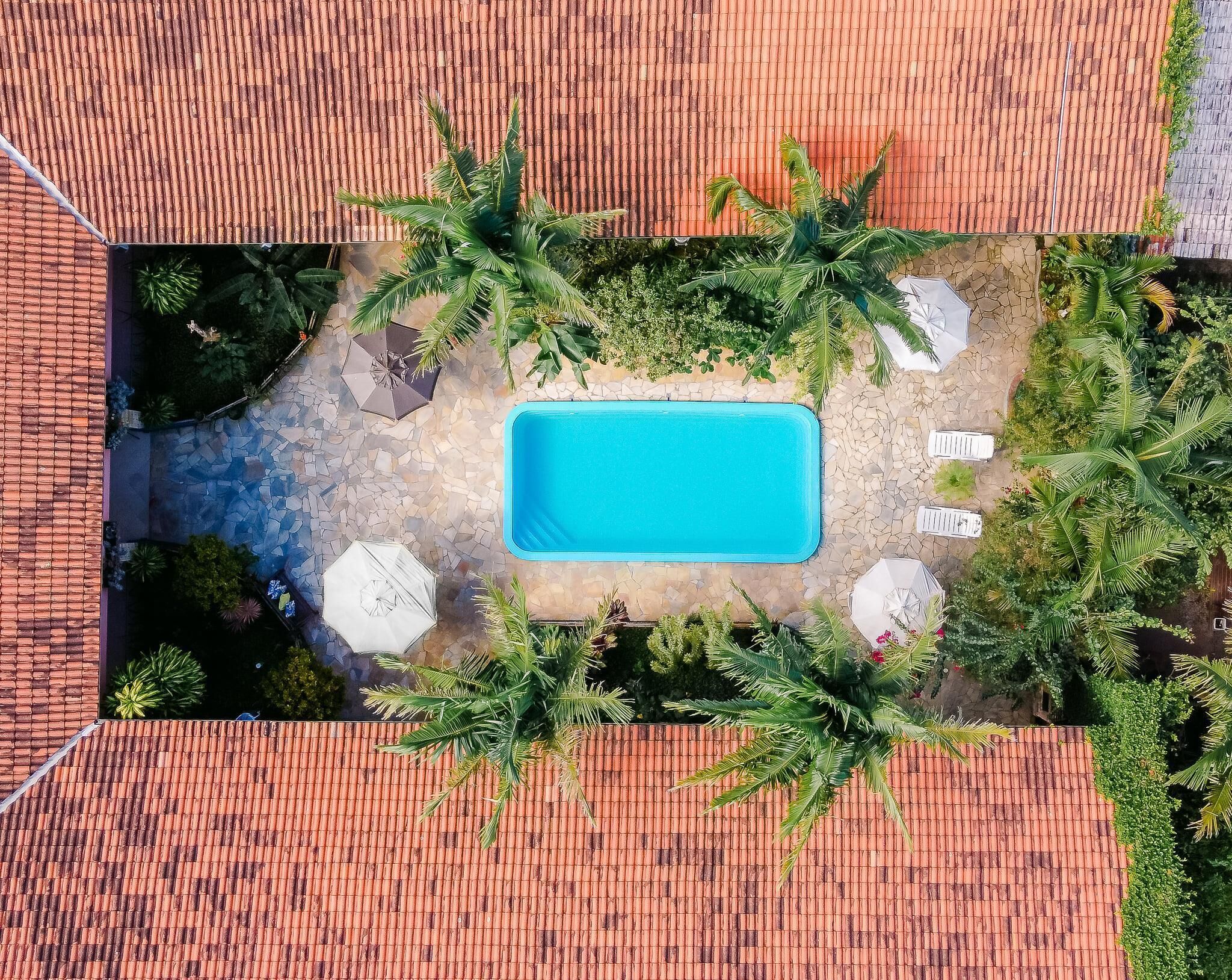 Vista aerea di una piscina circondata da palme e poltroncine da relax bianche.