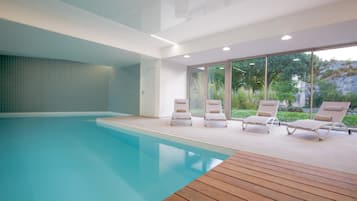 Indoor pool, open 8:00 AM to 9:00 PM, sun loungers