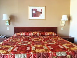 A hotel room with a large bed, two bedside lamps, a framed picture on the wall, and a phone on the nightstand.