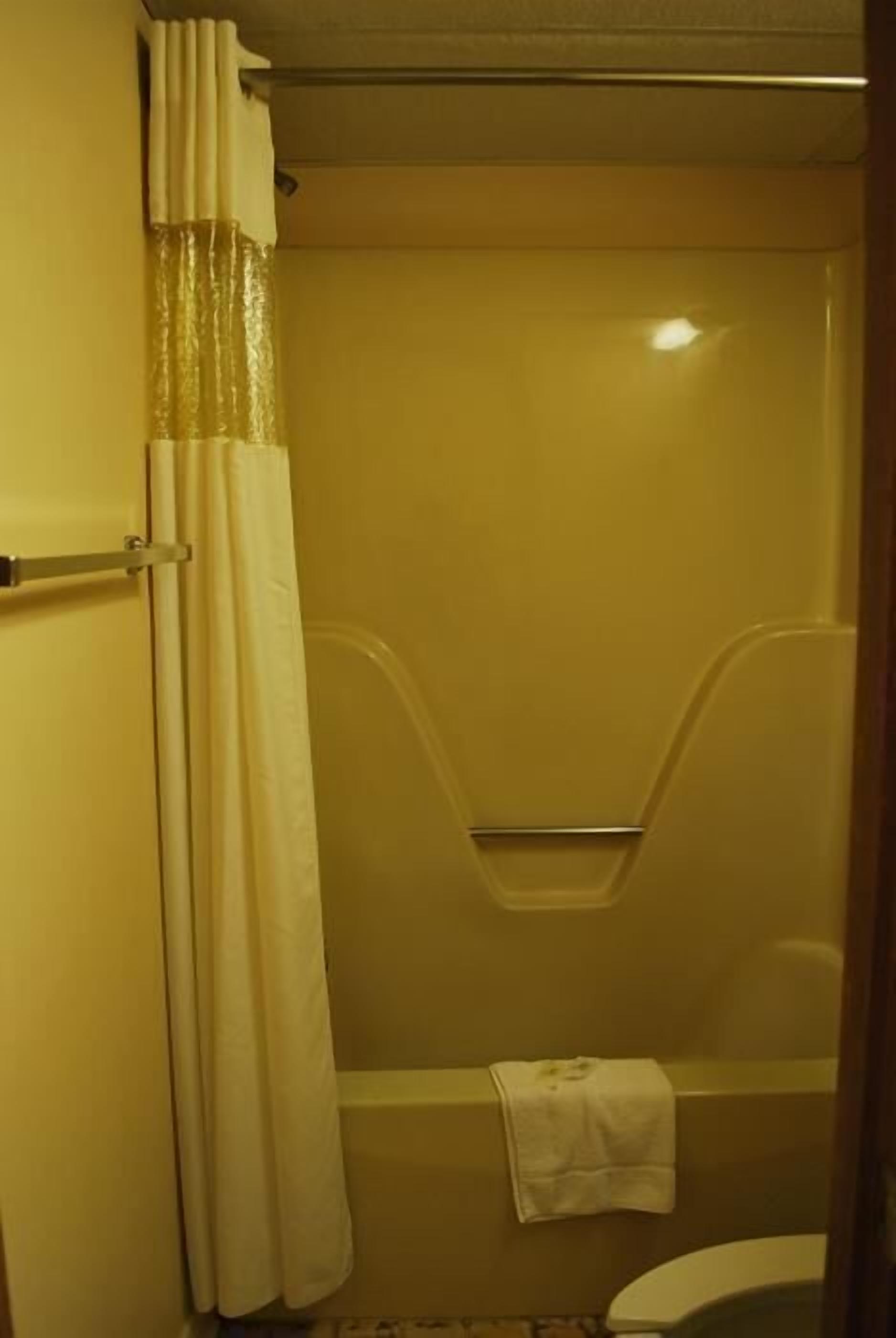 Combined shower/bathtub, free toiletries, towels