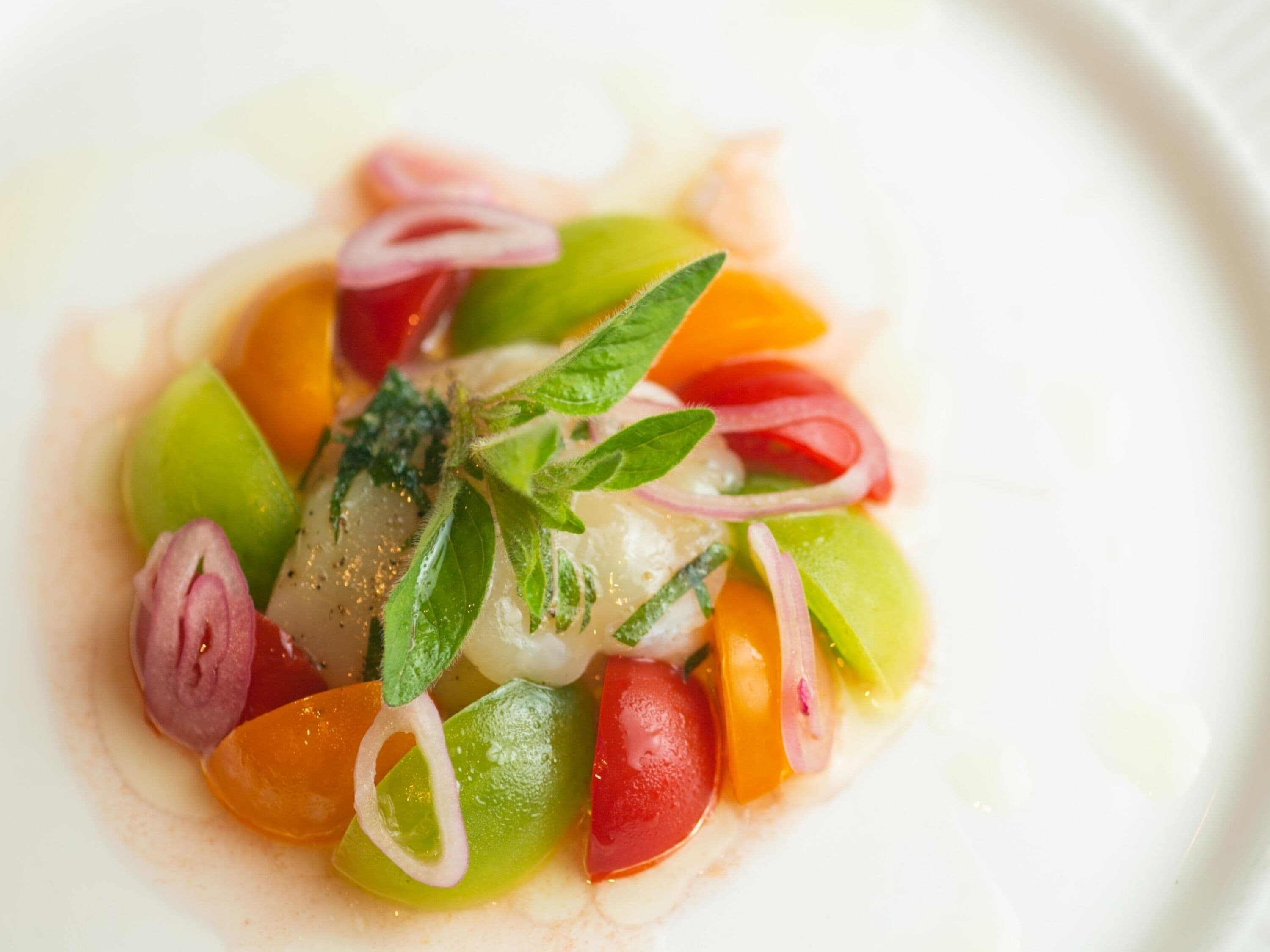 A dish with various colorful vegetables and herbs.