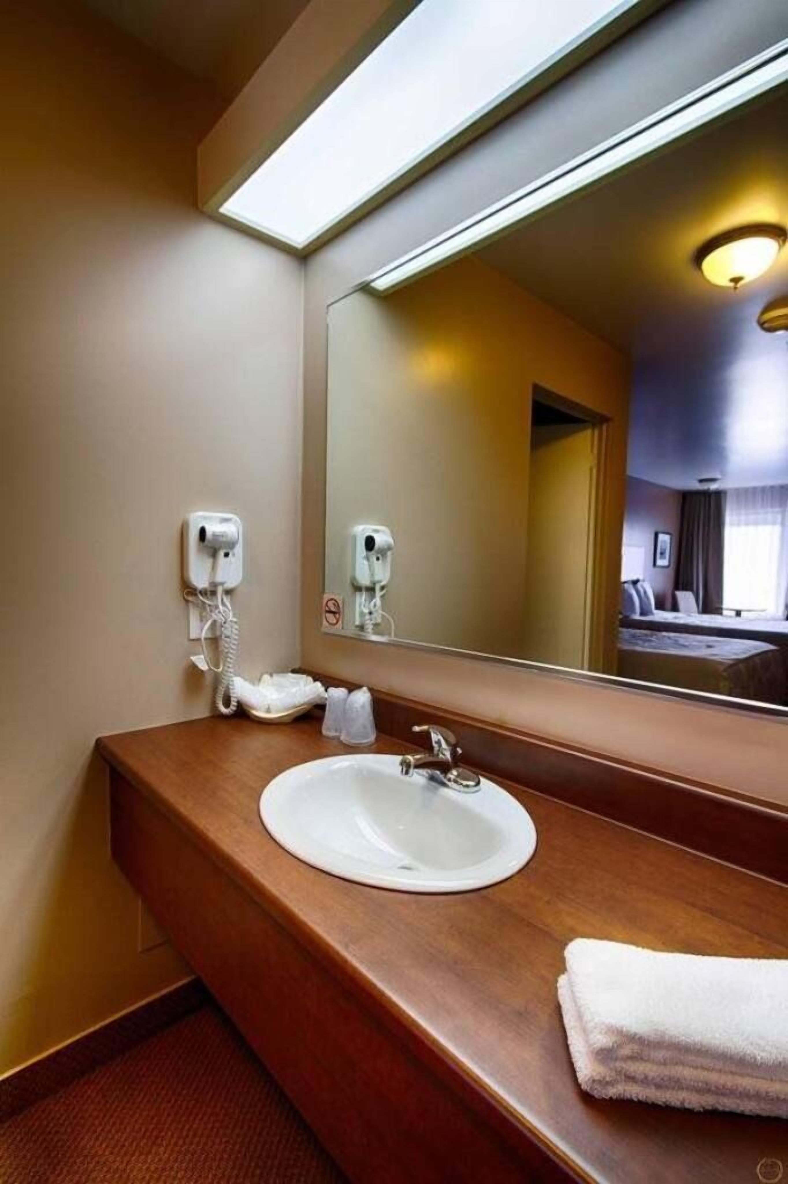 A hotel bathroom with a wooden vanity, a white sink, a mirror, and a hairdryer.