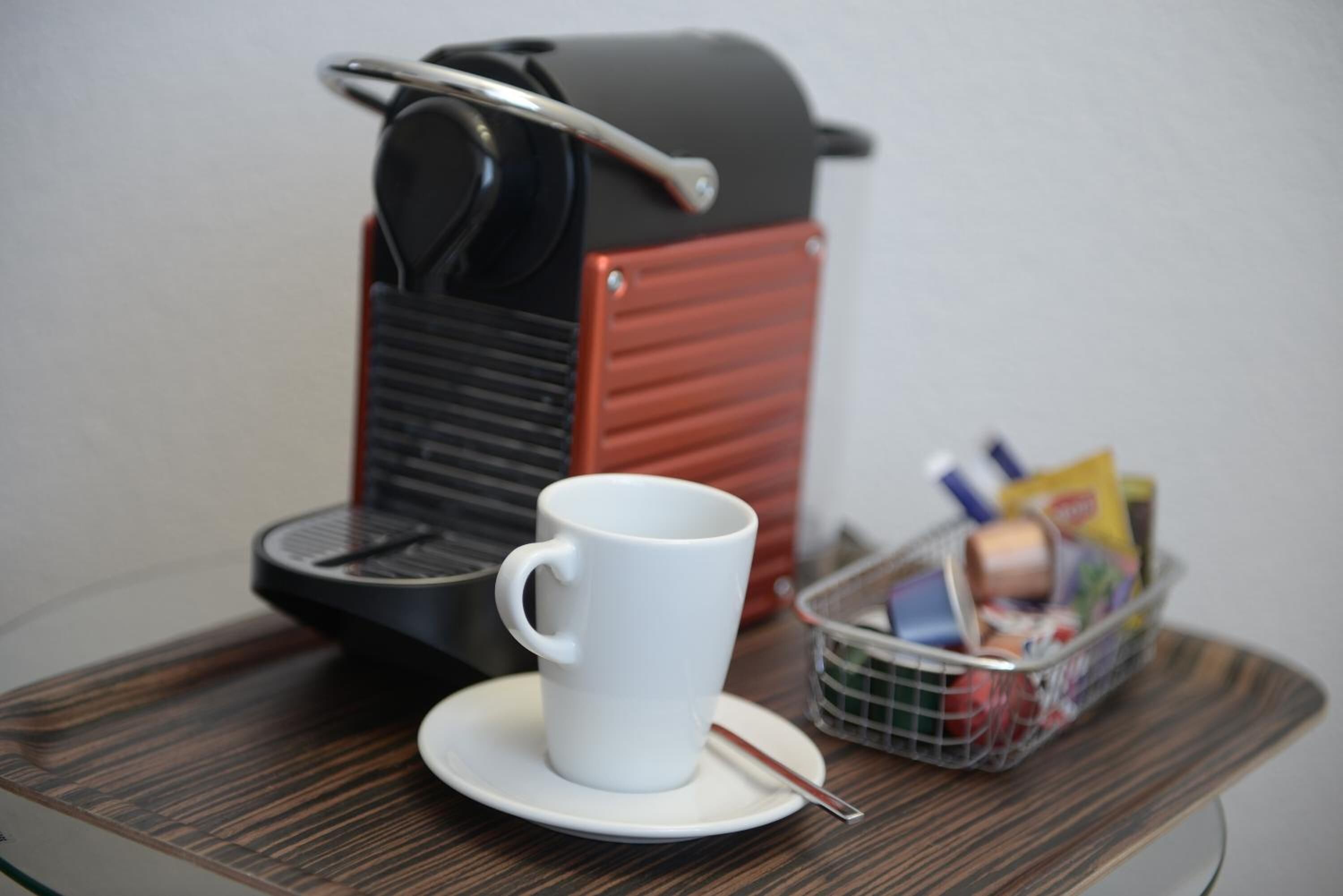 fridge, espresso maker, coffee/tea maker