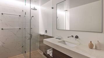 Shower, free toiletries, hair dryer, towels