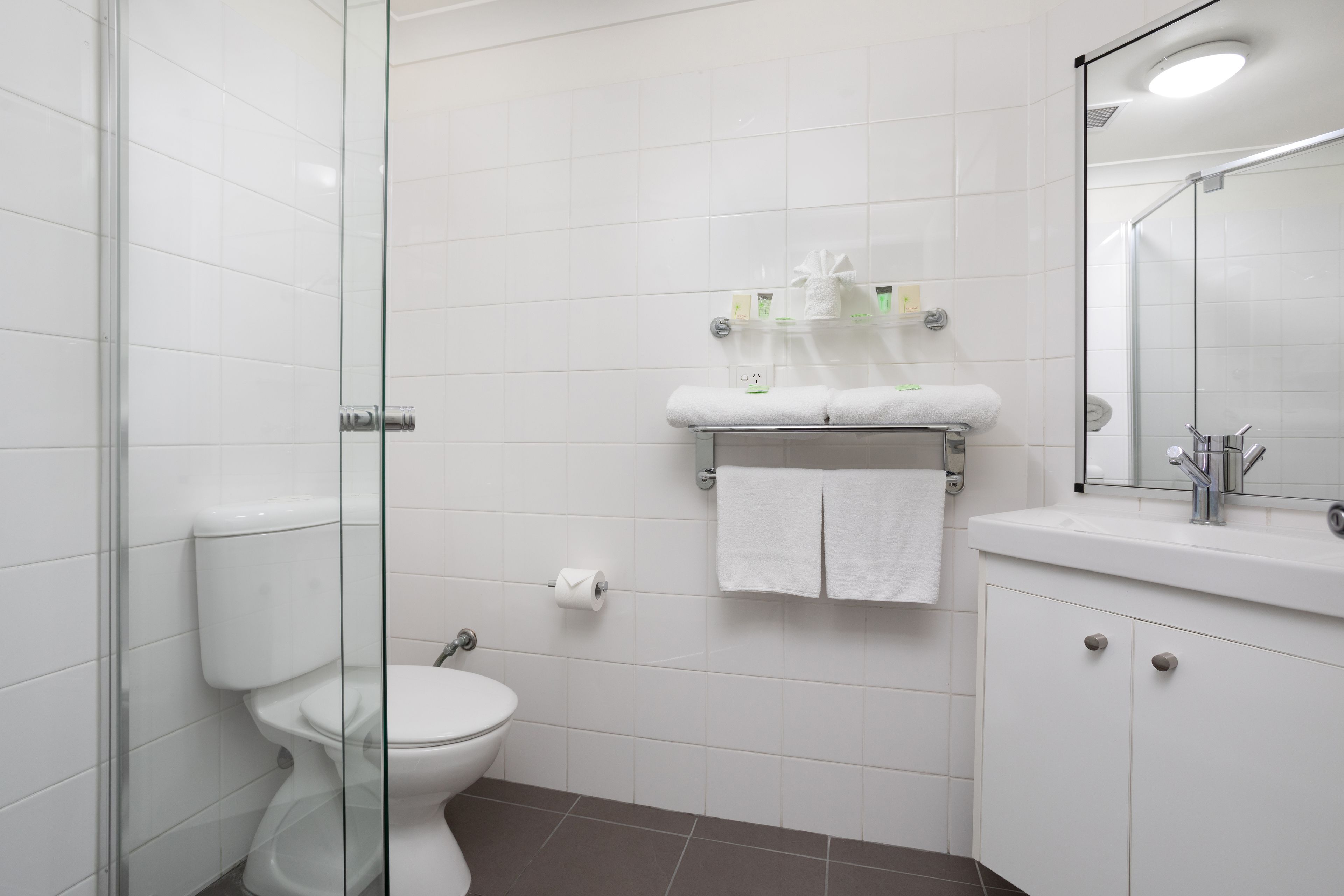 shower, free toiletries, hair dryer, towels