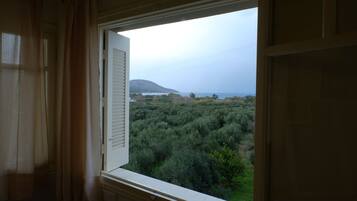 A room with a window overlooking a dense green landscape and a distant hill.