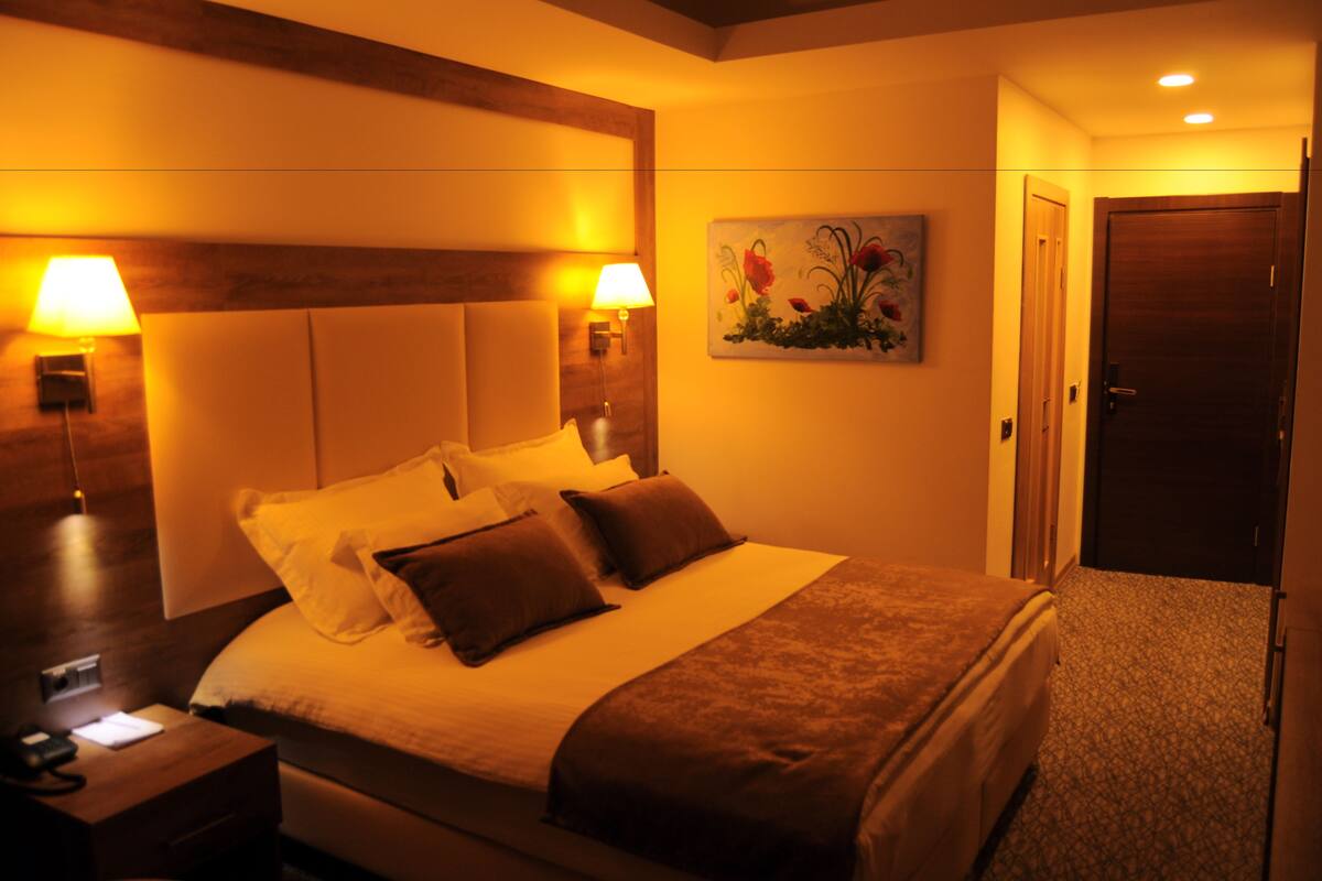 Een hotelkamer met een groot bed, twee bedlampen, een schilderij aan de muur en een deur.