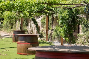 Een rustieke buitenomgeving met houten vaten en een pergola begroeid met groene wijnranken.