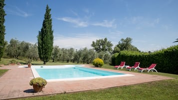 Outdoor pool, pool umbrellas, sun loungers