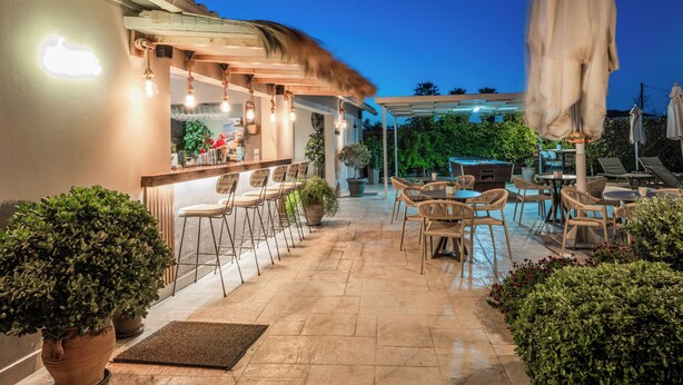 Un espacio al aire libre con patio amoblado, barra y plantas en macetas.