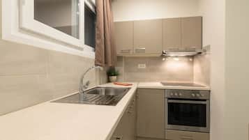 Deluxe-lejlighed - 2 soveværelser | Privat køkken | Køleskab, mikrobølgeovn på fællesareal, elkedel