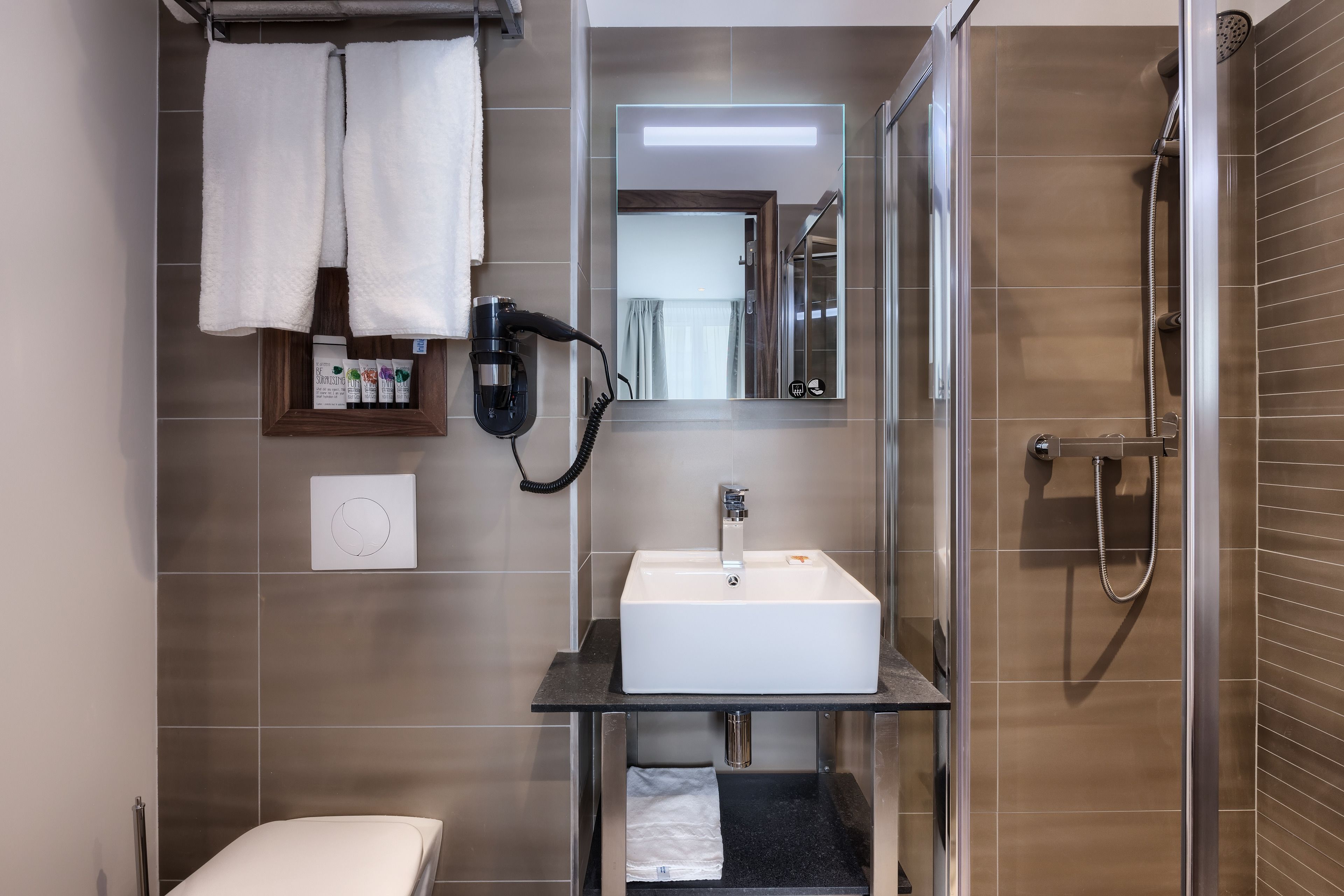 A modern bathroom with a white sink, a handheld showerhead, and a mirror.