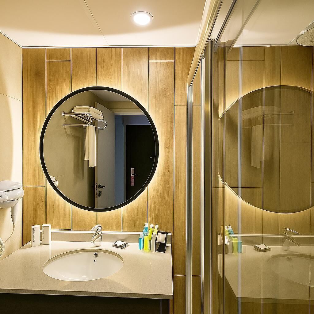 Ein modernes Badezimmer mit großem Spiegel, Waschbecken und Toilette.