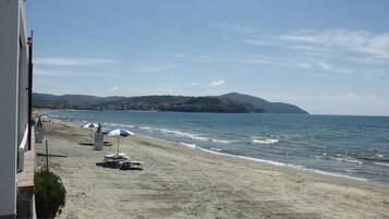 A beach with umbrellas and lounge chairs, a clear sky, and a distant mountain.