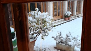 A view through a window with snow-covered plants and a building with arched windows in the background. - Domus Ciliota (Venice)